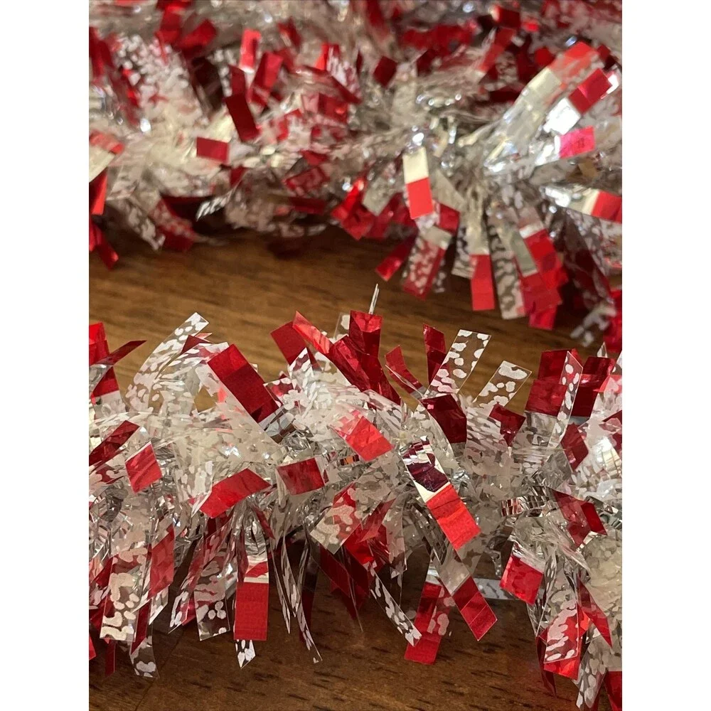 27’ Christmas Tree Tinsel Garland Red Silver White Snow 2 Strands @ 150” & 180”